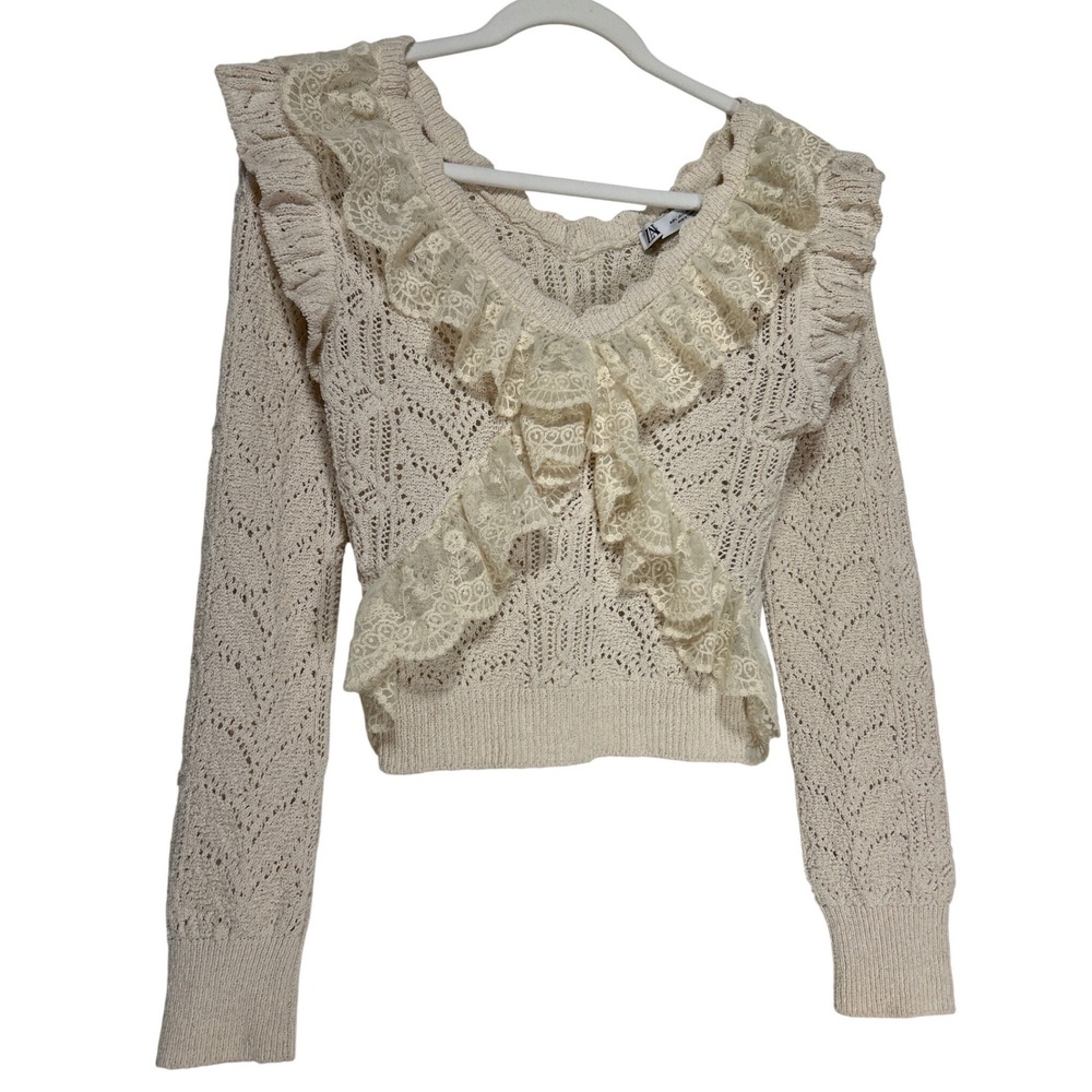 Zara Cream Lace Ruffle Open Knit Cropped V-Neck Sweater Size Women's Large EUC